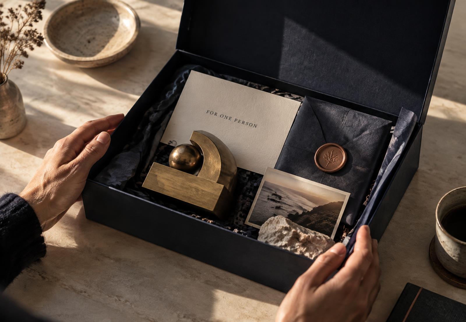 Illustrative one-of-one Send with a custom brass object, personal note, photograph, and tactile presentation
